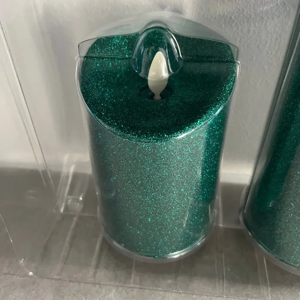Luminara Set of 3 Emerald Green Glitter Pillars w/Remote NEW